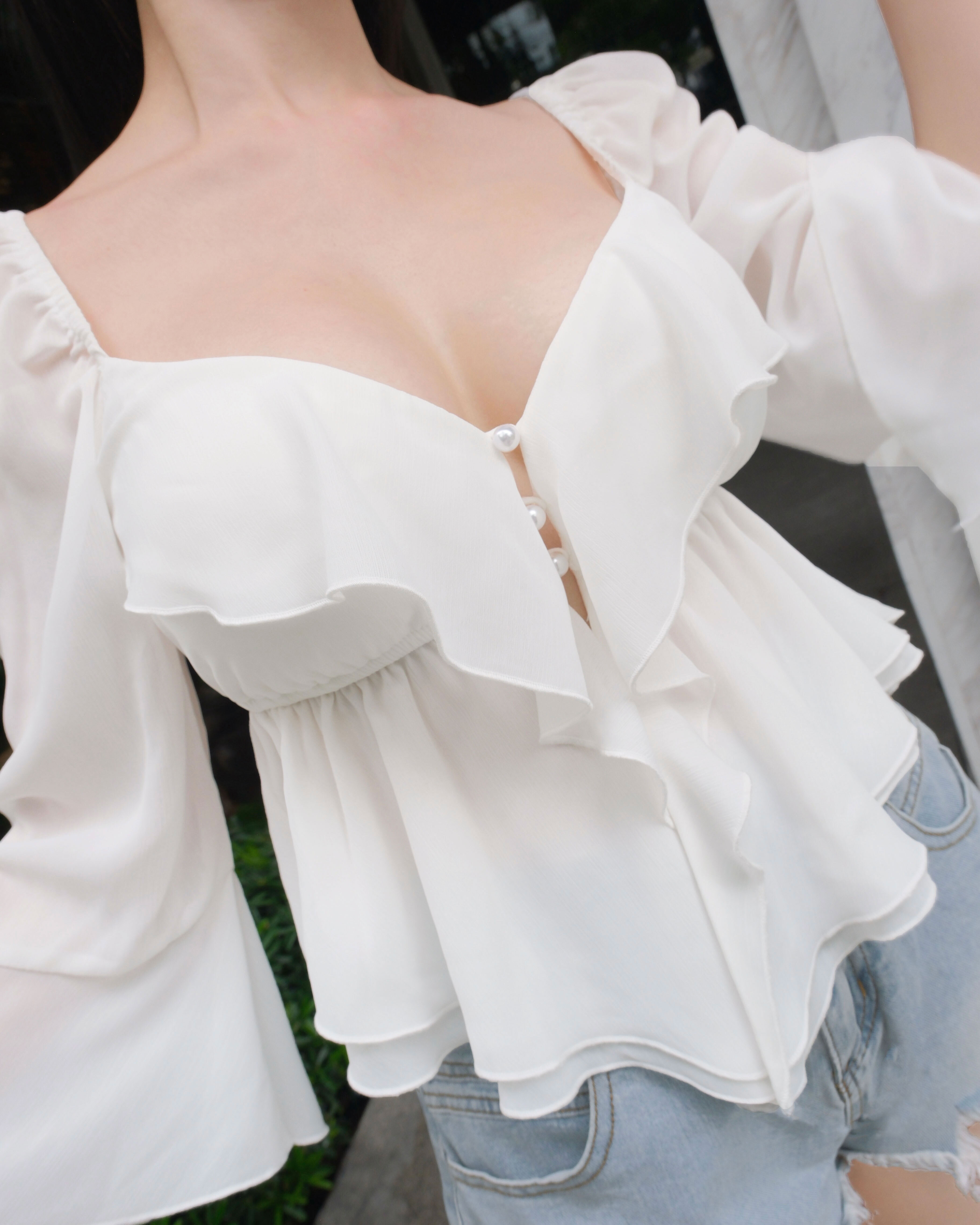 訂製-氣質荷葉水袖珍珠釦上衣