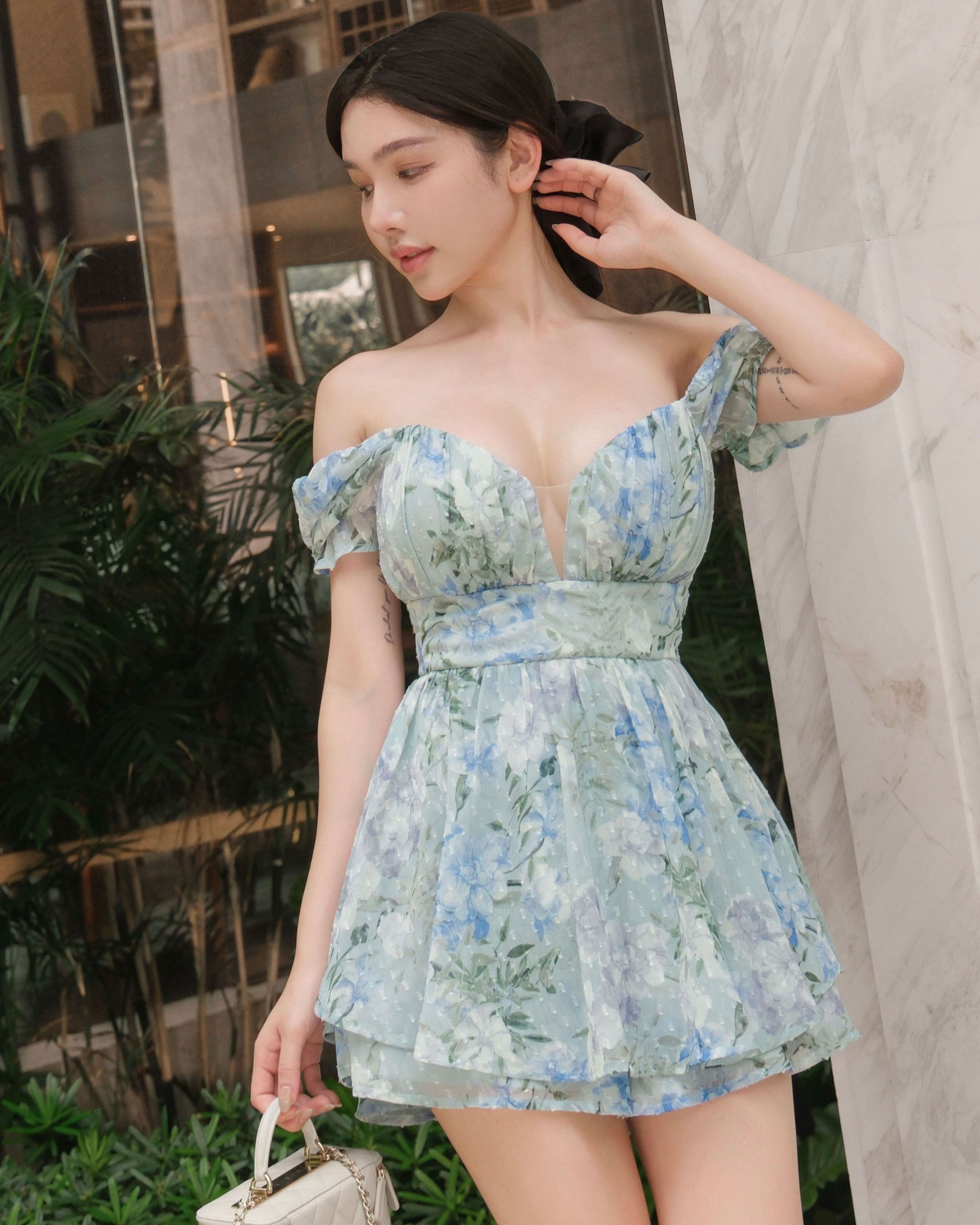 訂製-性感渡假印花網紗連身褲裙