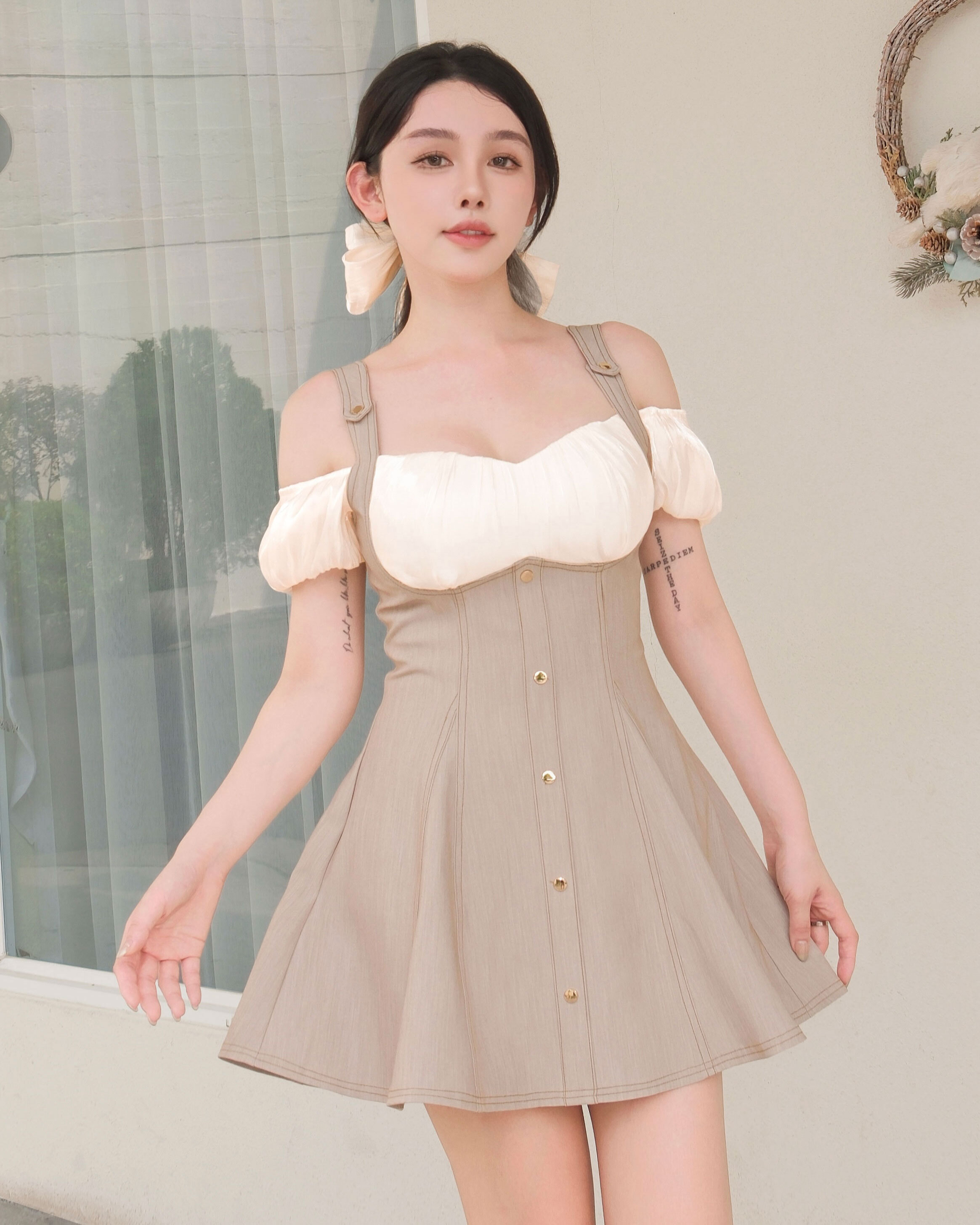 訂製-絲光一字領假兩件牛仔傘洋