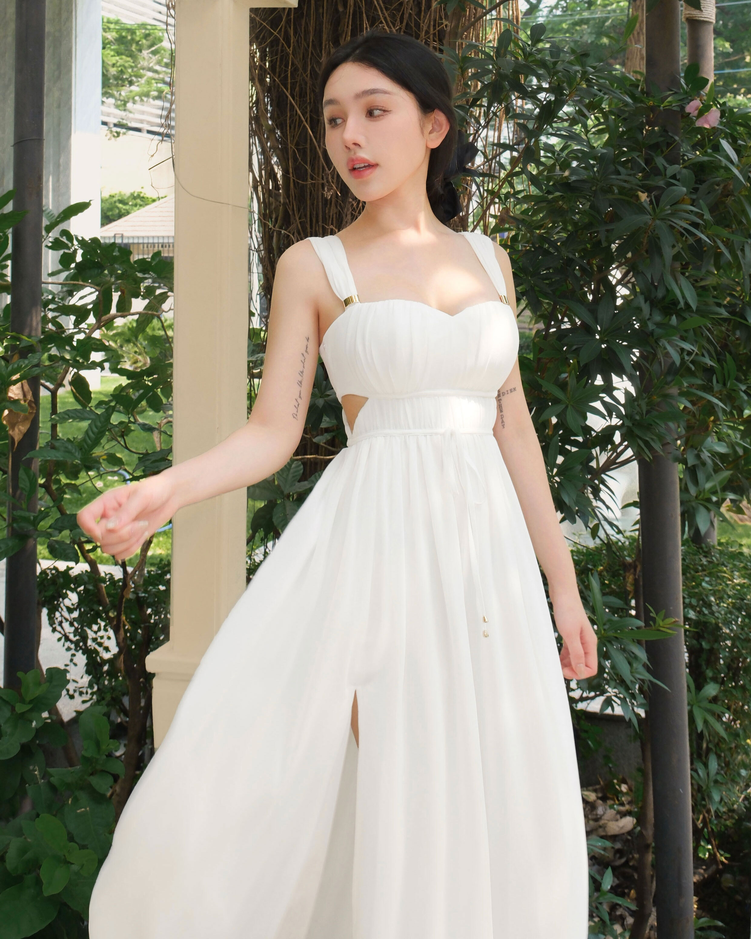 訂製-氣質金屬扣環壓褶長洋