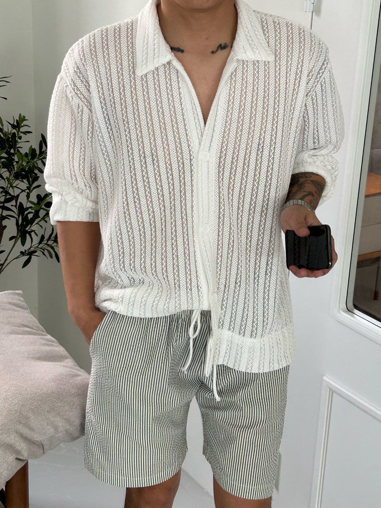 淨色網紋長袖恤衫 Veil-038S