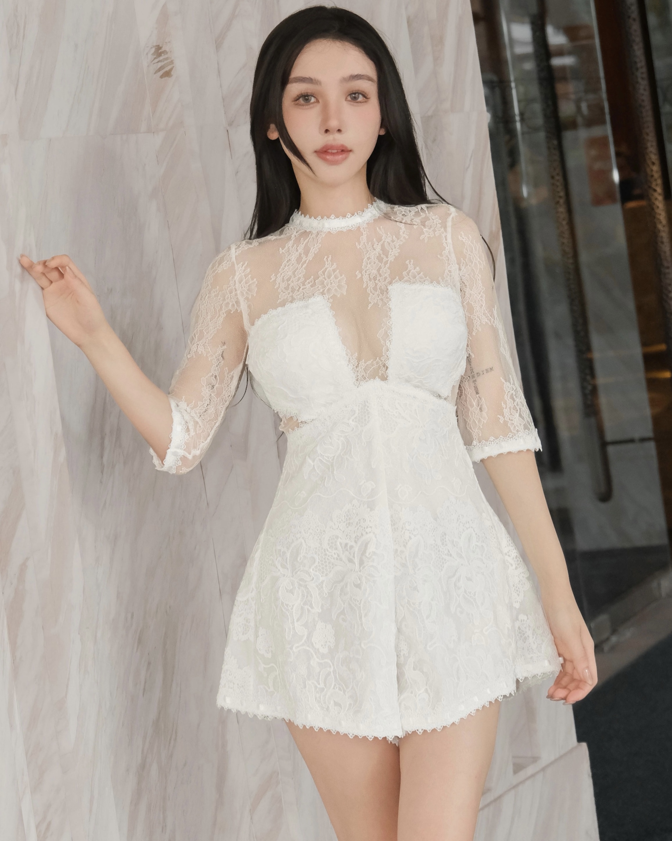 訂製-性感透視重工蕾絲連身褲裝