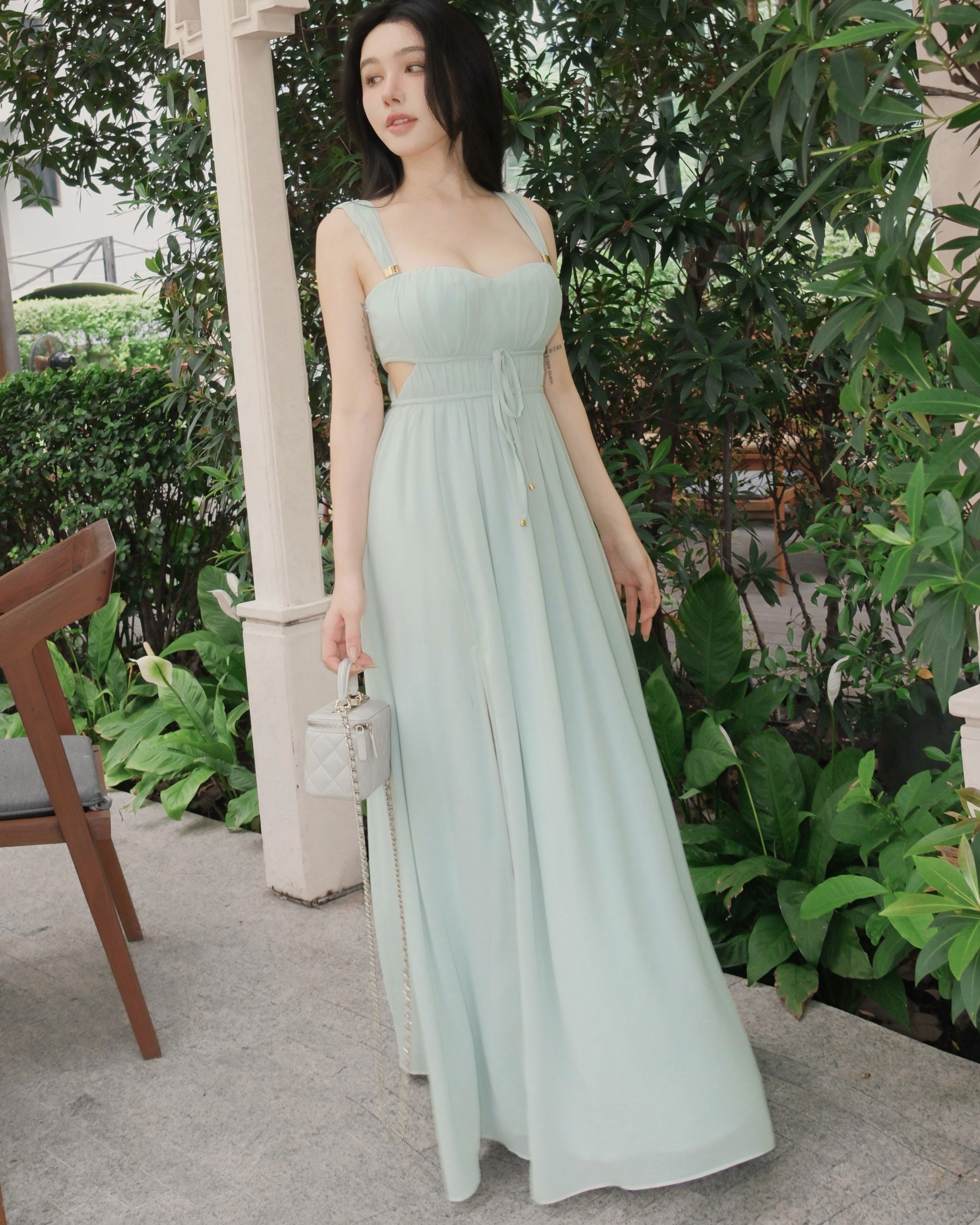 訂製-氣質金屬扣環壓褶長洋