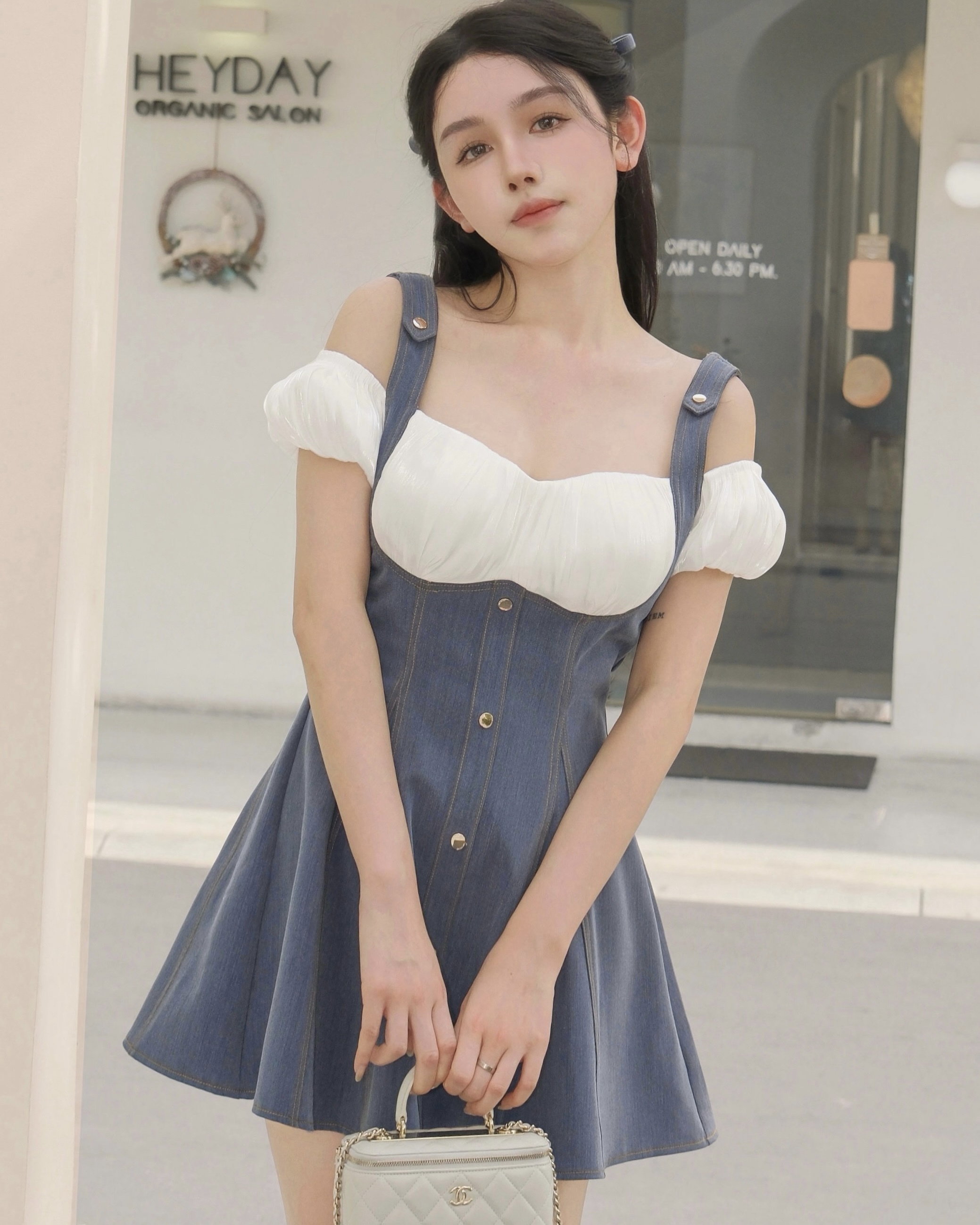 訂製-絲光一字領假兩件牛仔傘洋