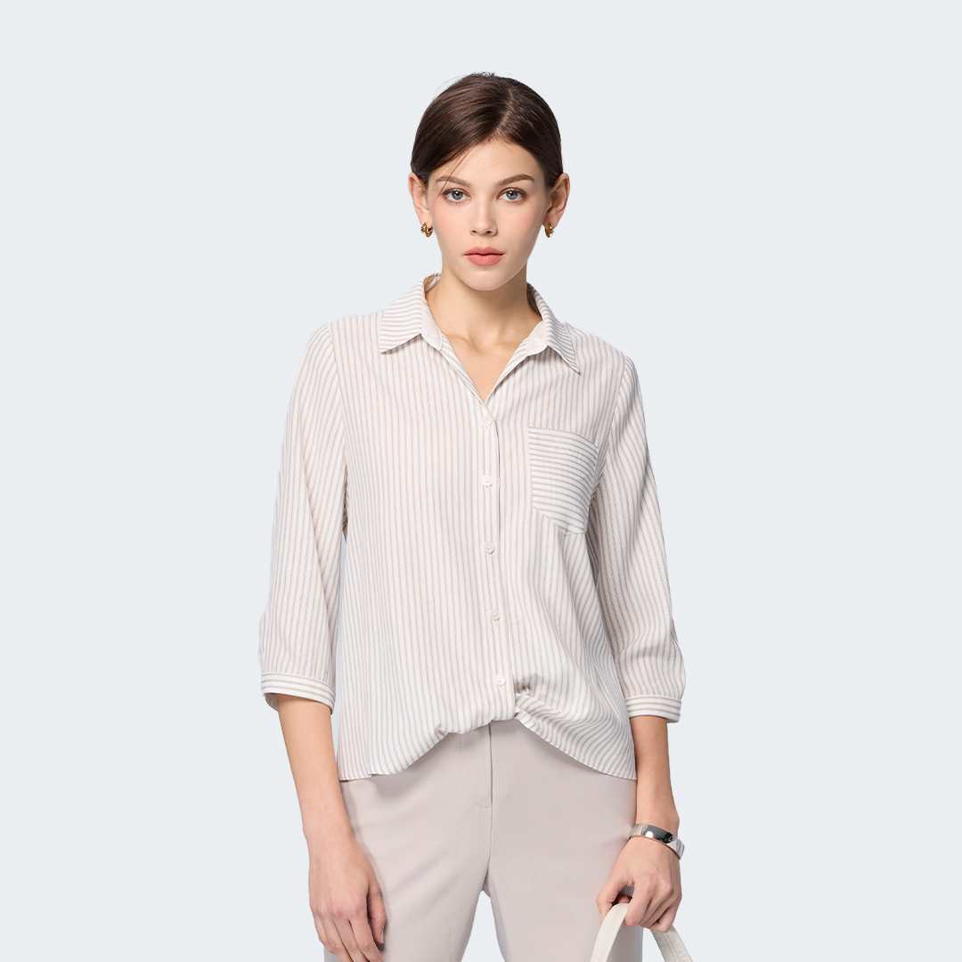 日式條紋下擺紐結襯衫