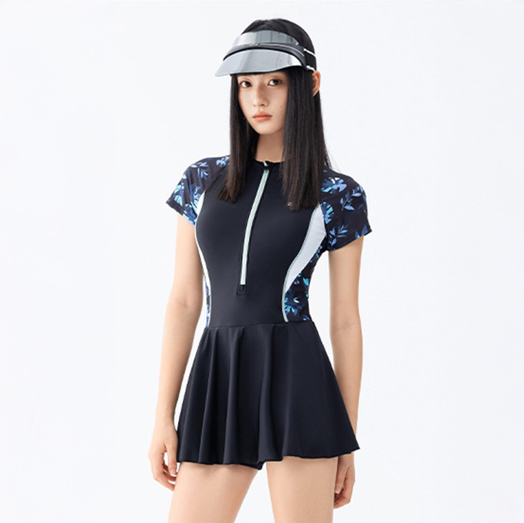 女士短袖數碼印花連身裙款泳衣 - 黑/藍