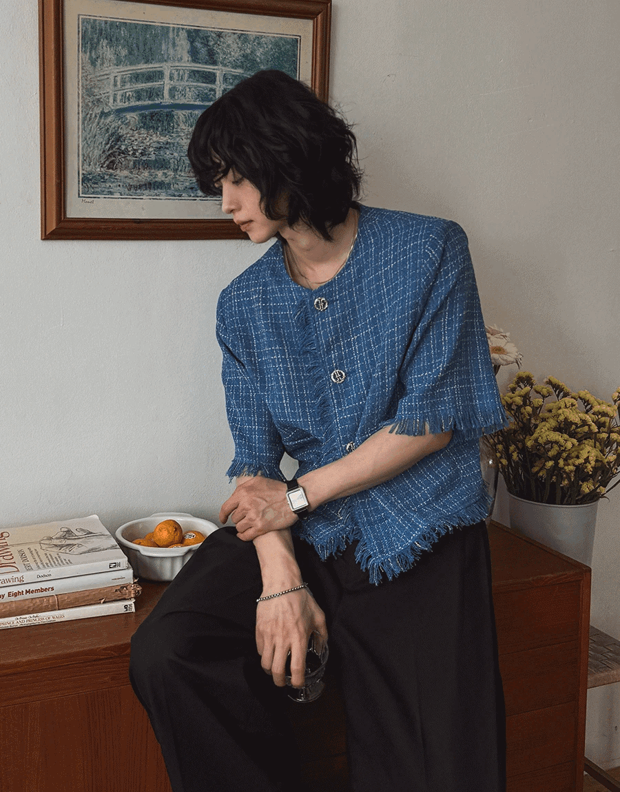 粗花呢短袖短版夾克外套