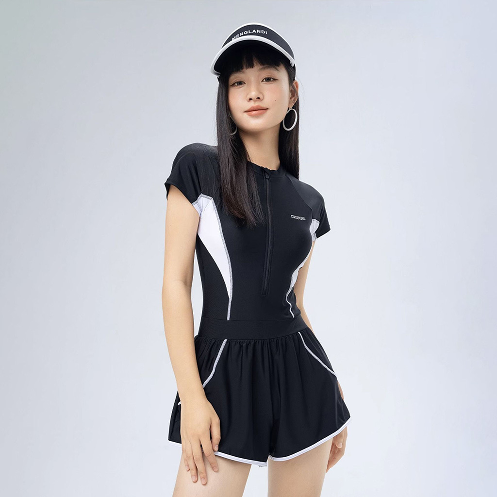 女士短袖拼色平腳連身泳衣 - 黑/白