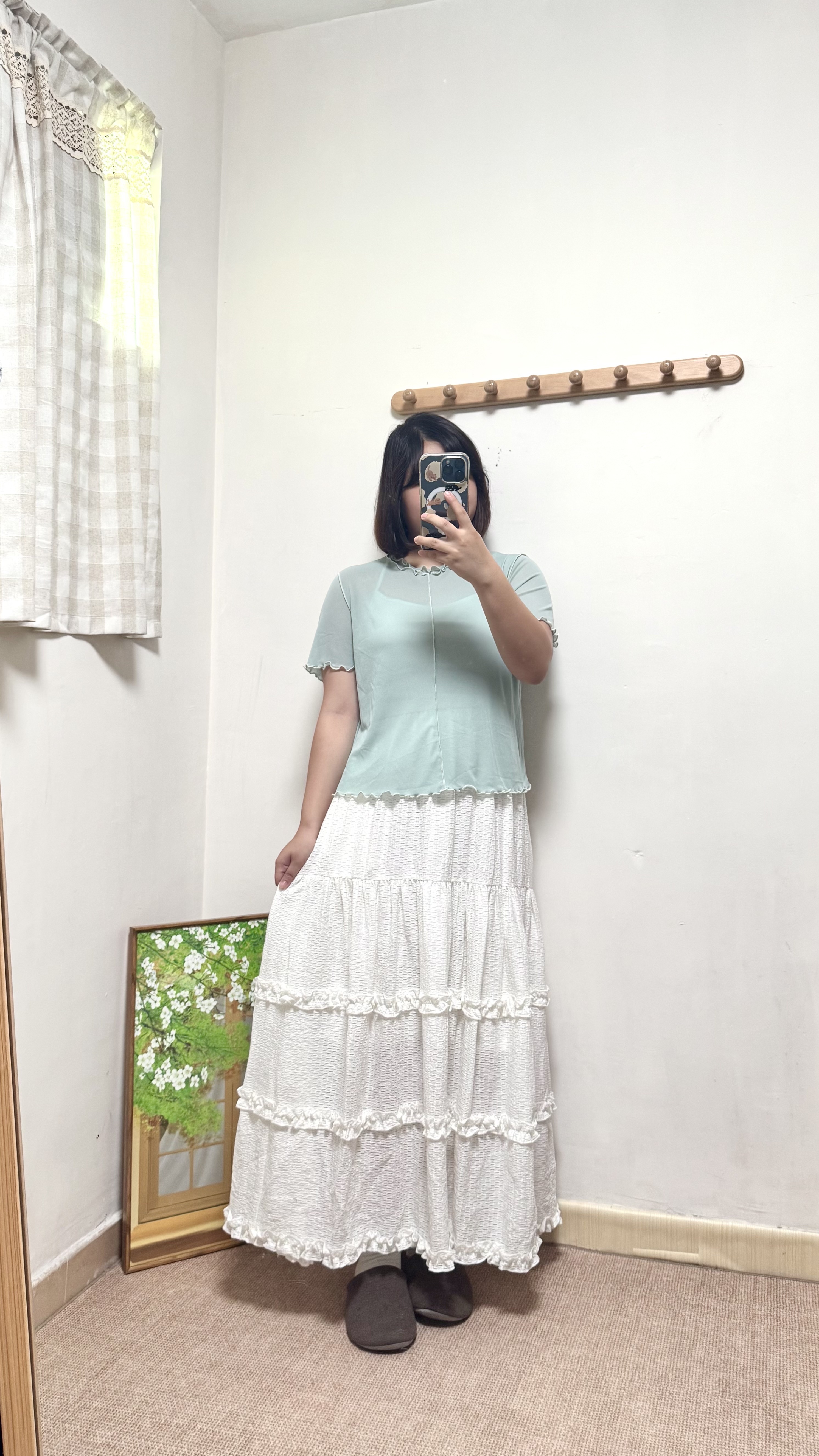 明線拼色透膚Top