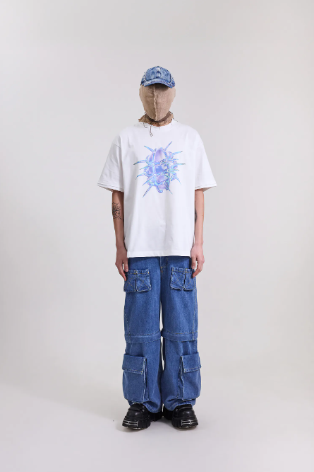 Silver9 袖口破壞落肩圖像TEE (白)