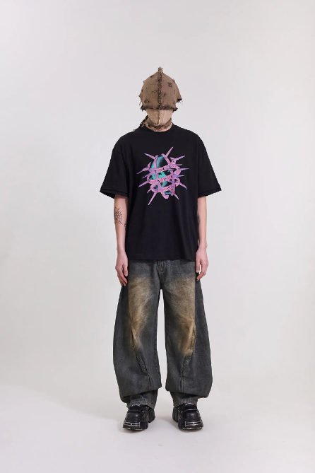 Silver9 袖口破壞落肩圖像TEE (黑)