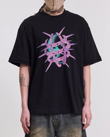 Silver9 袖口破壞落肩圖像TEE (黑)