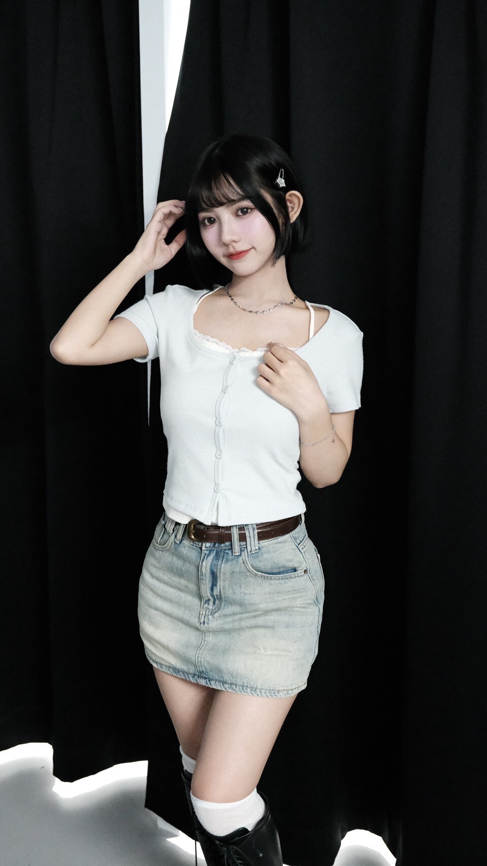 (GOAL) june 水洗刷色 A字裙 (附皮帶 內有安全褲) 919105