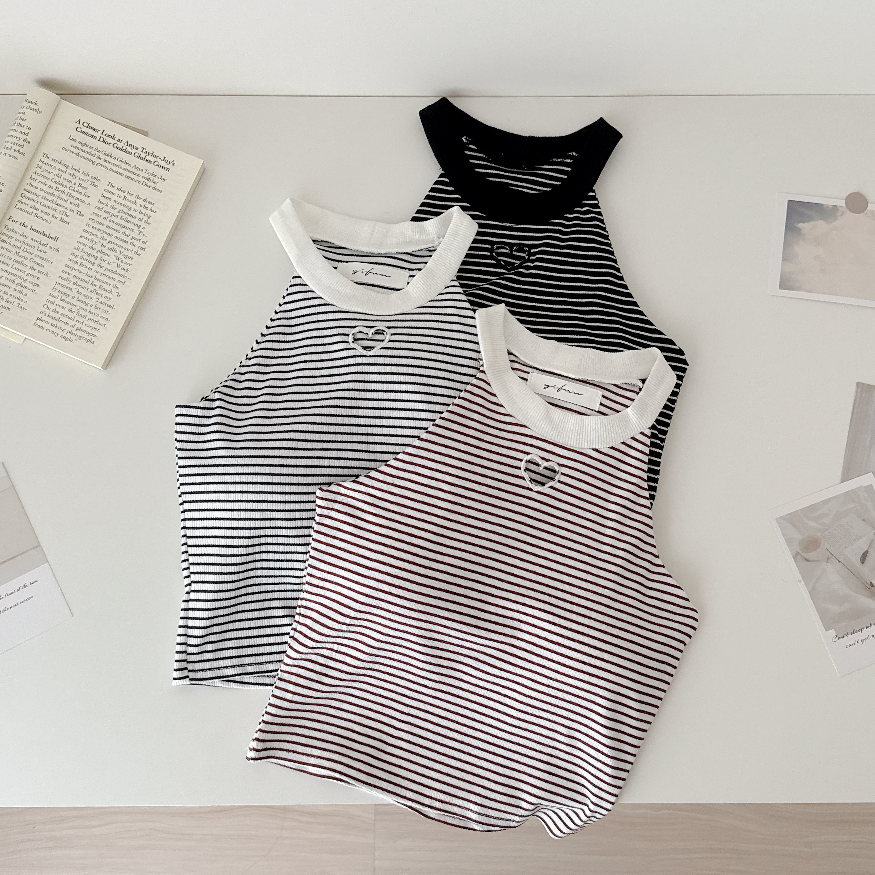 現貨🚚小辣妹愛心挖空條紋削肩bra top💕共3色