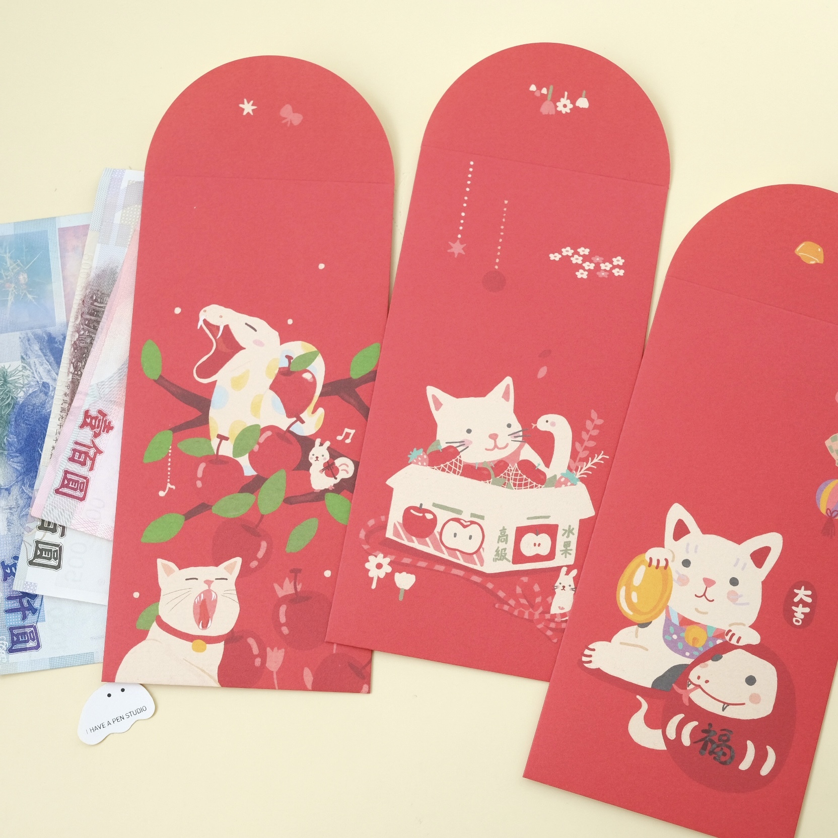 紅包袋3入 放心錢進 蛇貓有春綜合組｜furimuri毛乖畫鹿 台灣