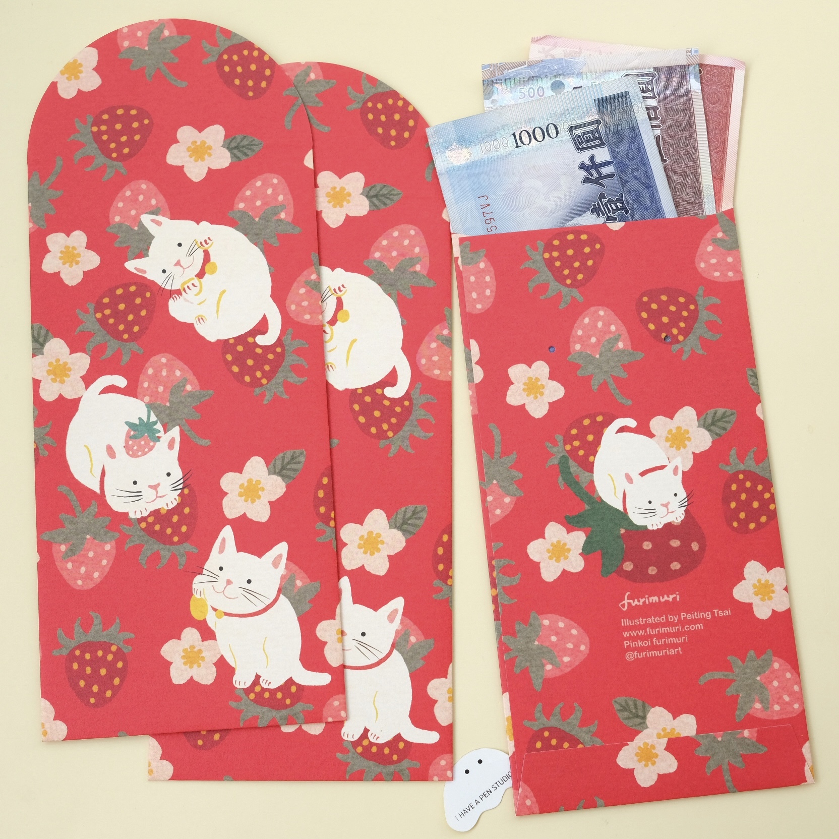 莓好貓貓 紅包袋3入｜furimuri毛乖畫鹿 台灣