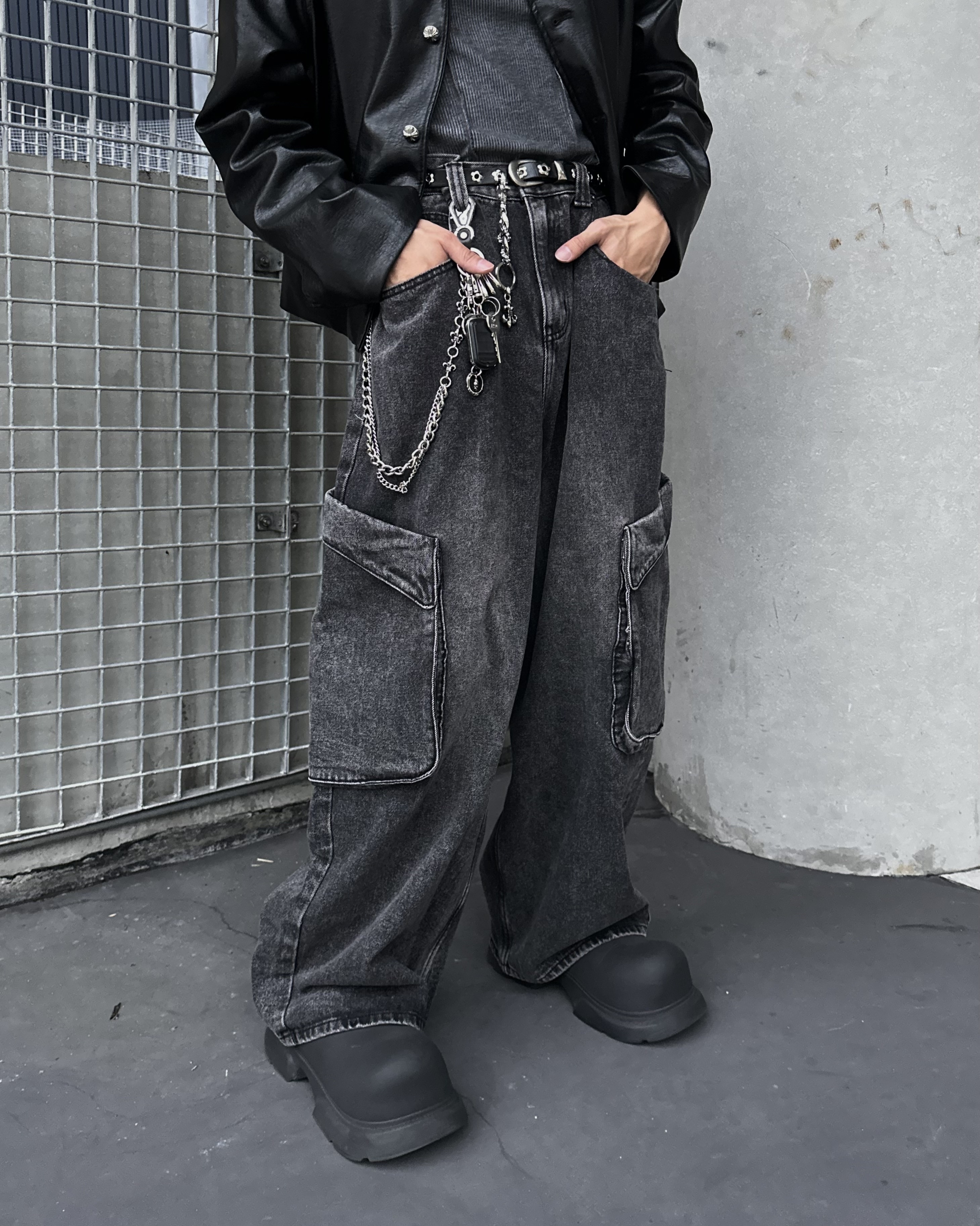 𝐇·𝐓·𝐒 韓國 潛行者系統 仿舊 水洗 刷舊 寬版 落地 牛仔 長褲