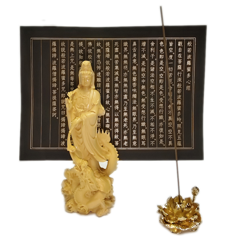 騎龍觀音{黃楊木}高17公分 +心經+金蓮香插組合 【十方】154225