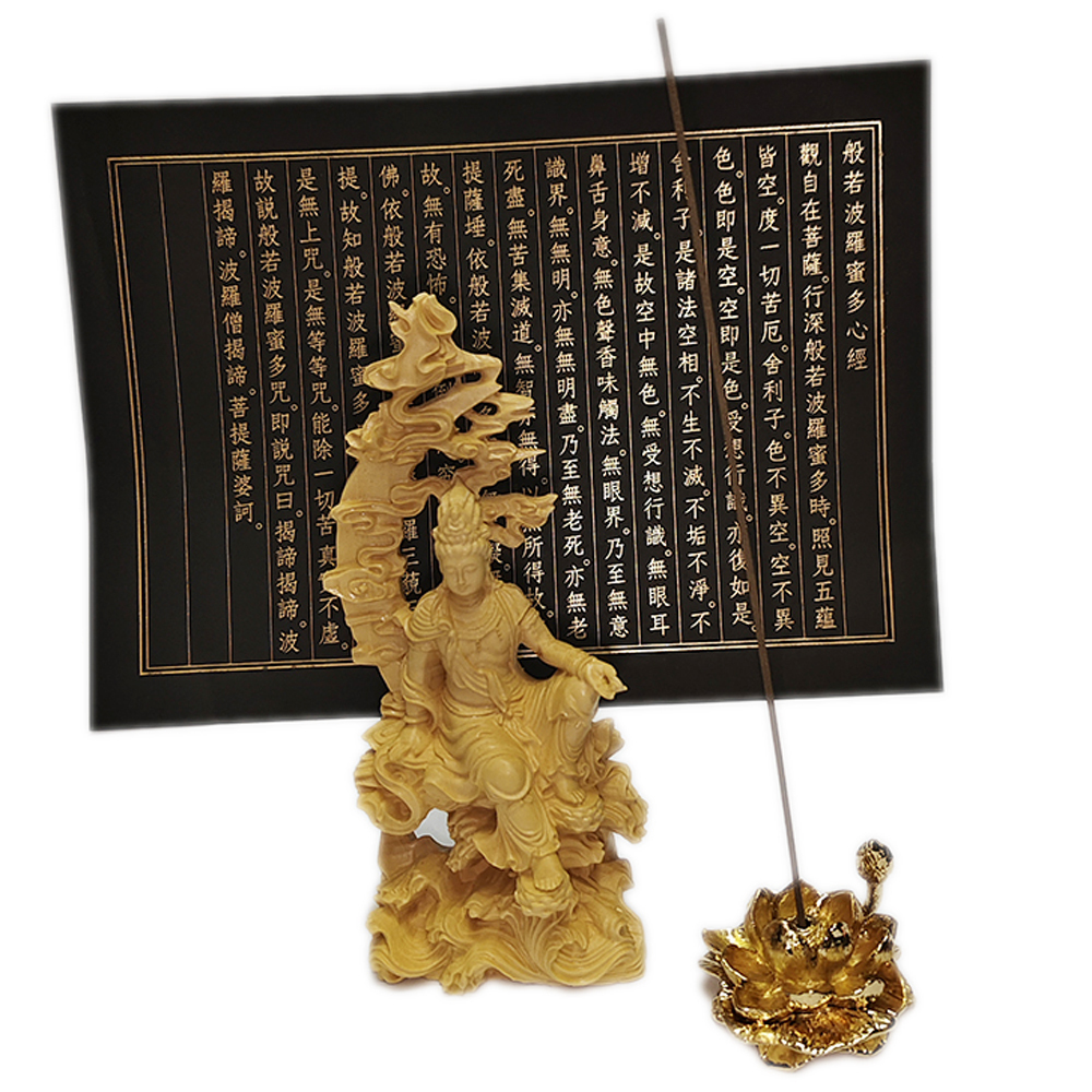 祥雲自在觀音 黃楊木雕16公分+心經+金蓮香插組合【十方】153982