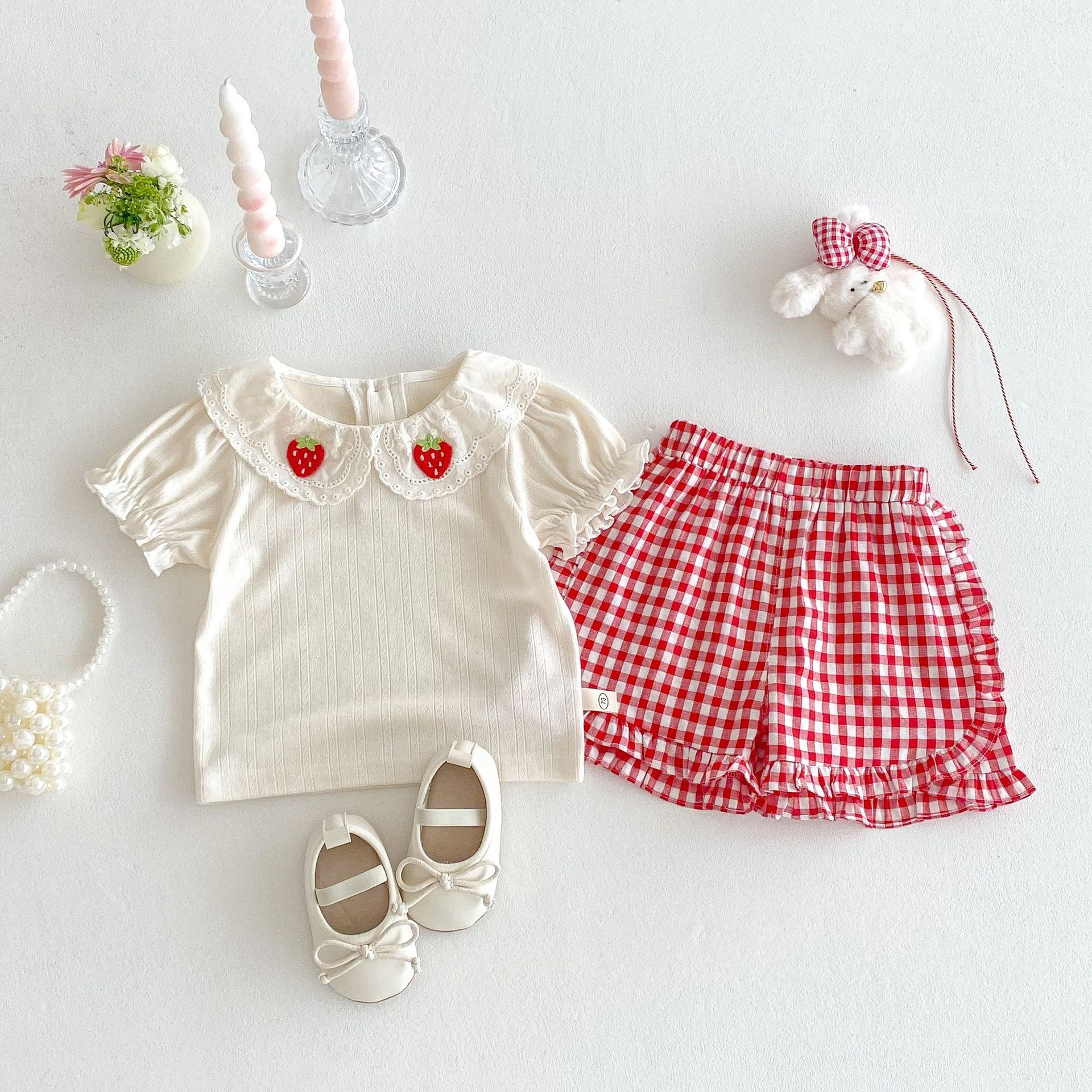 甜美可愛草莓上衣/紅色格子褲