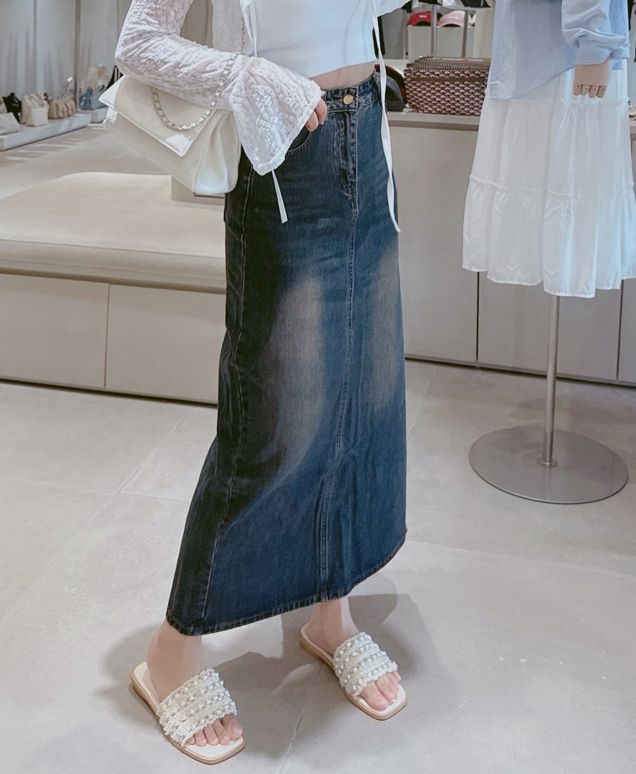 復古藍後開岔牛仔長裙 11403