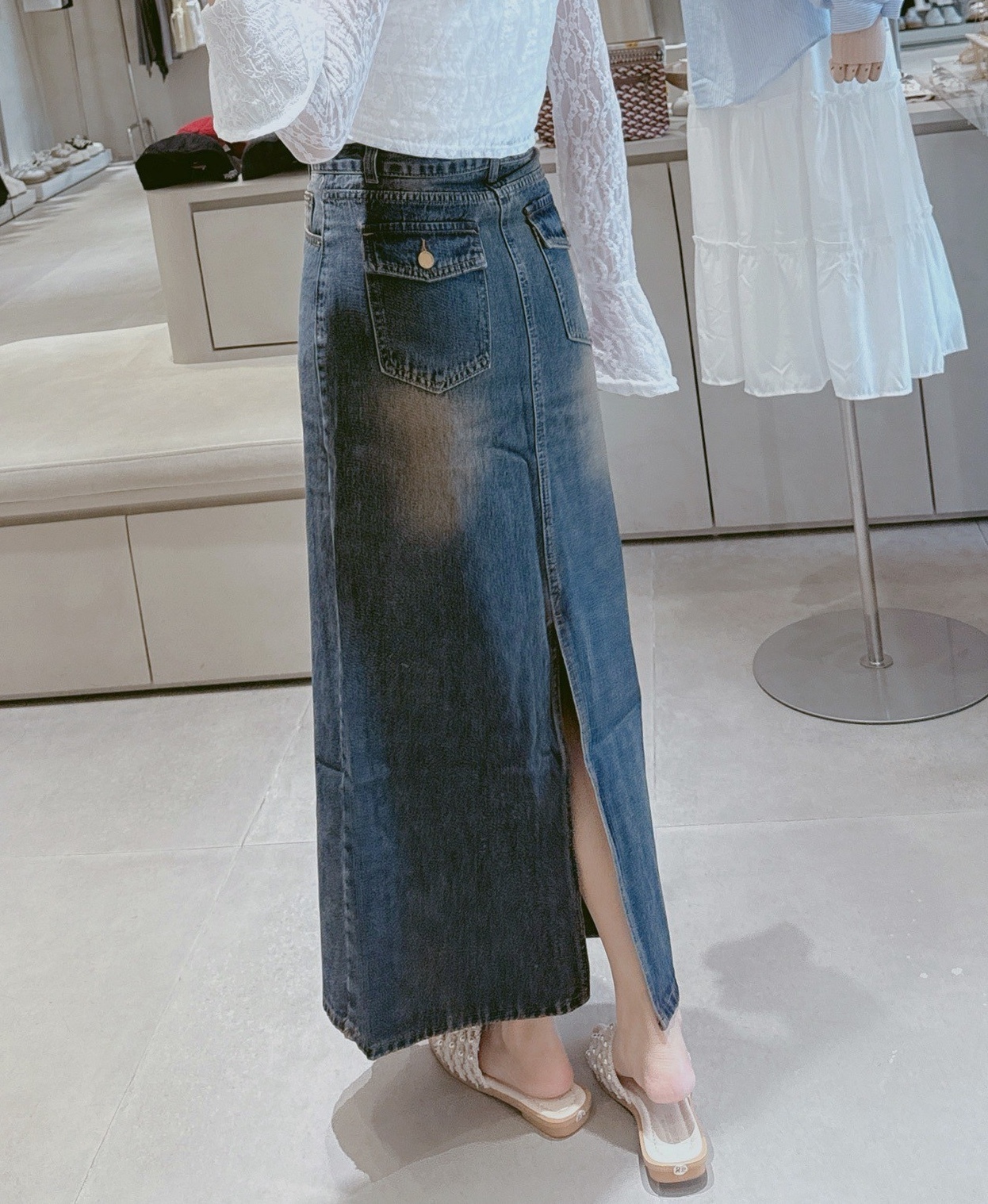 復古藍後開岔牛仔長裙 11403