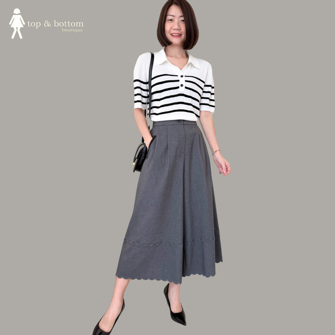 HIGH WAISTED EMBROIDERY HEM WIDE LEG ANKLE PANT