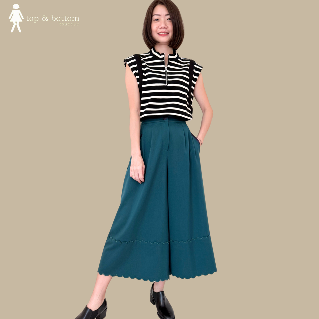 HIGH WAISTED EMBROIDERY HEM WIDE LEG ANKLE PANT