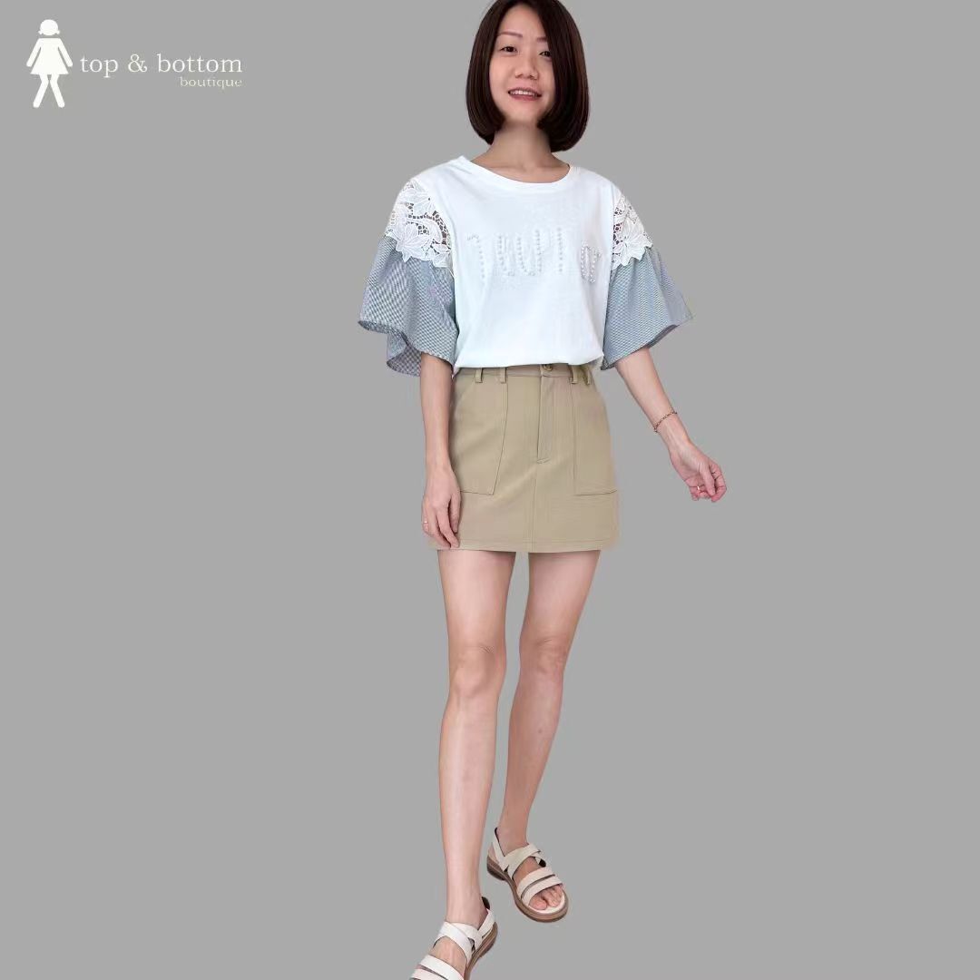 STRIPED & COTTON LACE SLEEVE WORDING BLOUSE