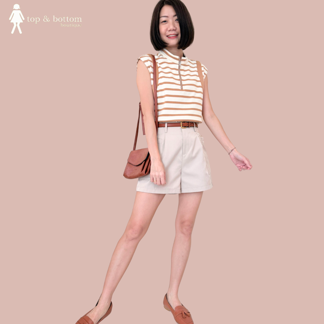 HIGH NECK V SLEEVE STRIPED ZIP BLOUSE