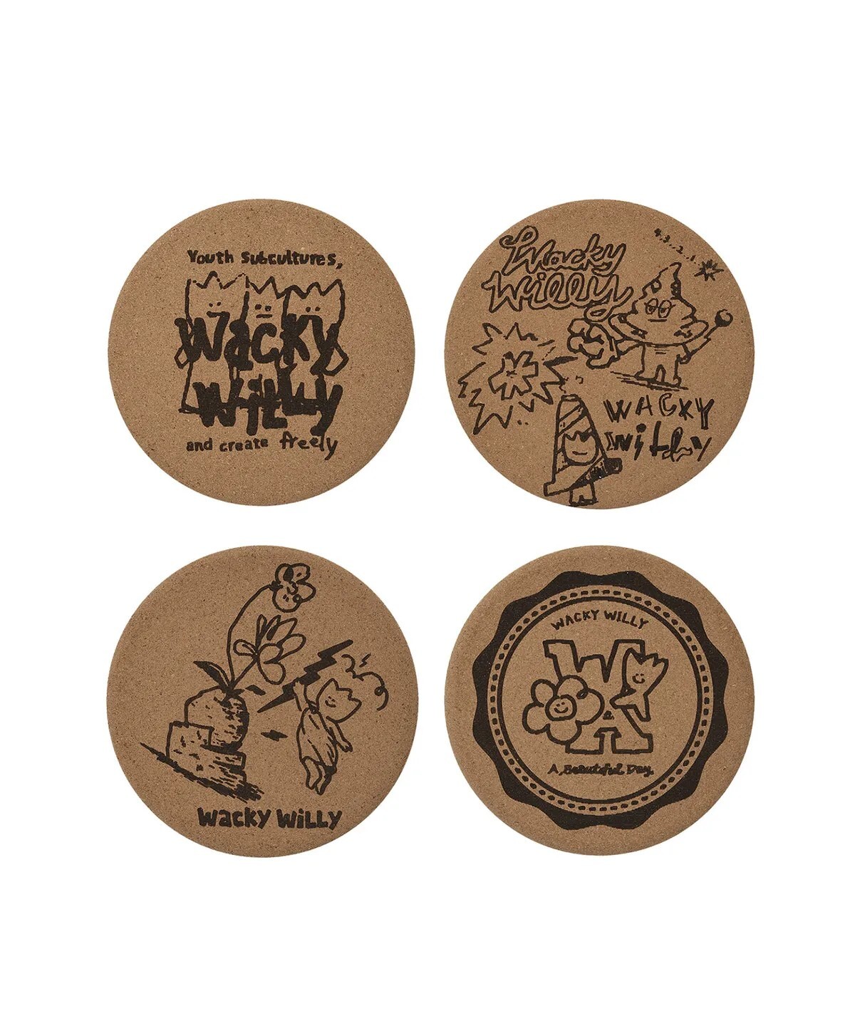 【OWN】Wacky Willy 杯墊組 杯蓋 兩用 軟木 四種造型 組合