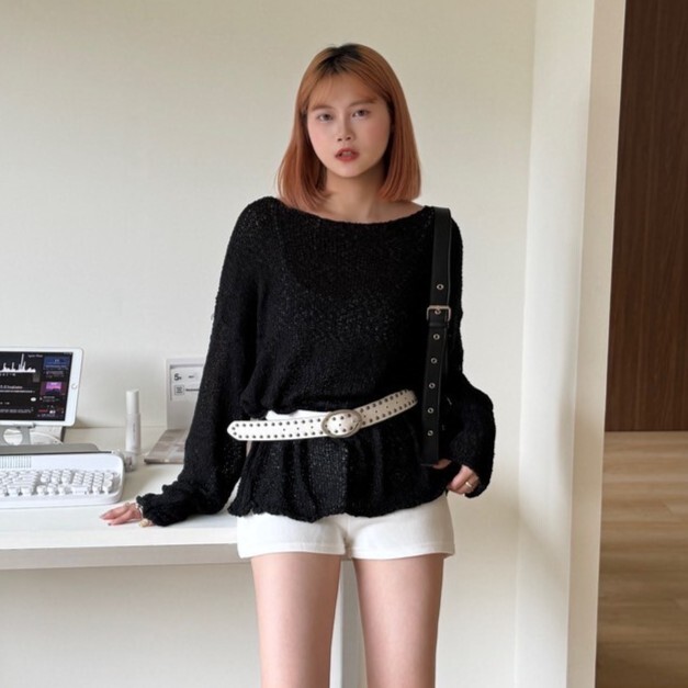 輕光交織 顆粒感透膚寬鬆針織上衣