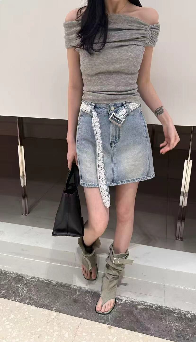 Nellie&Co.復古蕾絲腰帶藍色牛仔褲裙