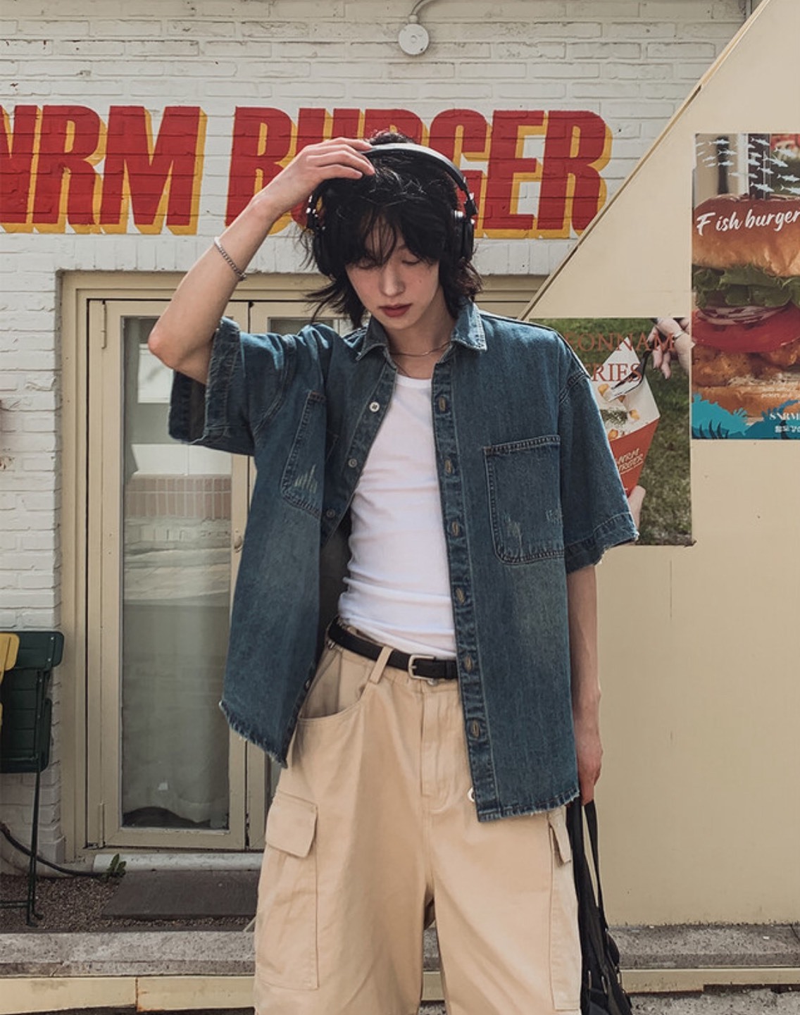 刷舊破壞牛仔短袖襯衫