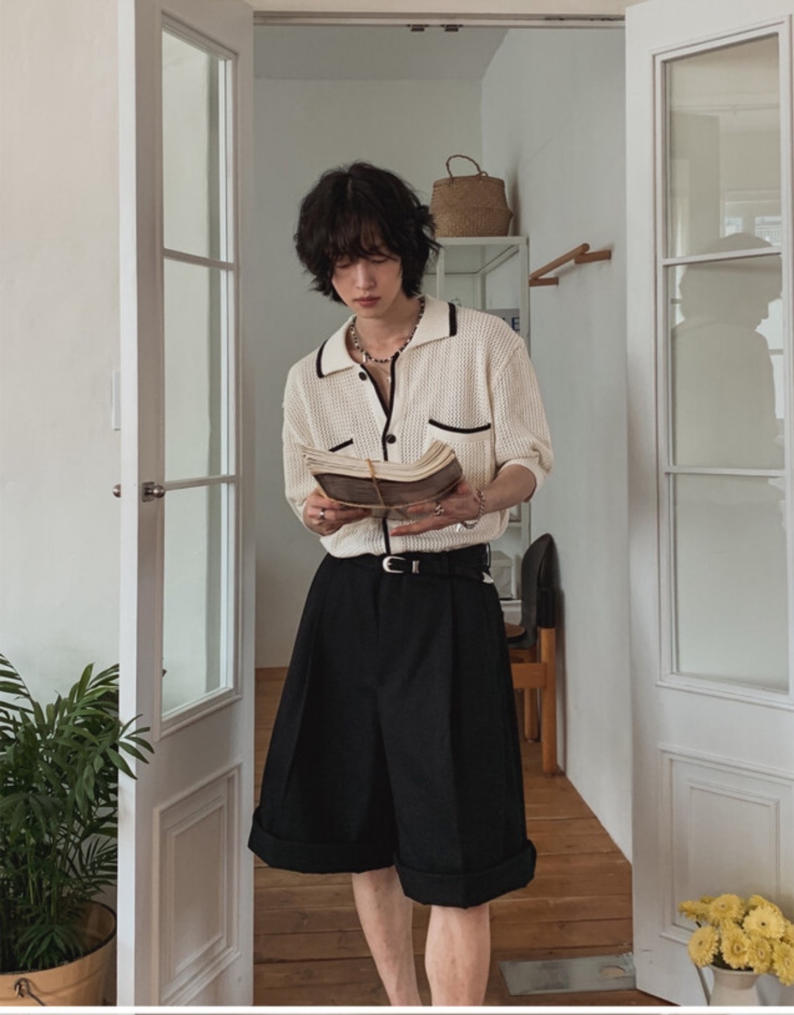 編織簍空鈕扣針織襯衫