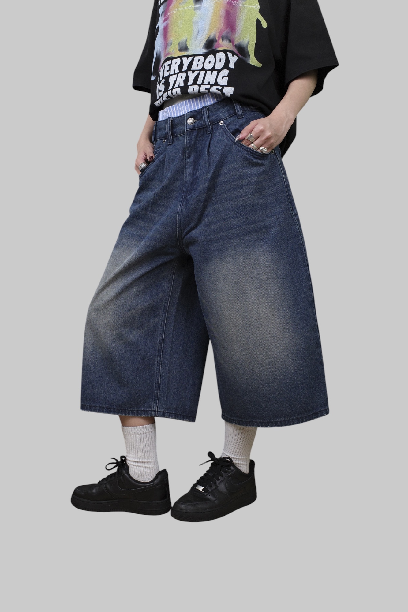 『Always_Good』假兩件 露褲頭 牛仔 七分 短褲