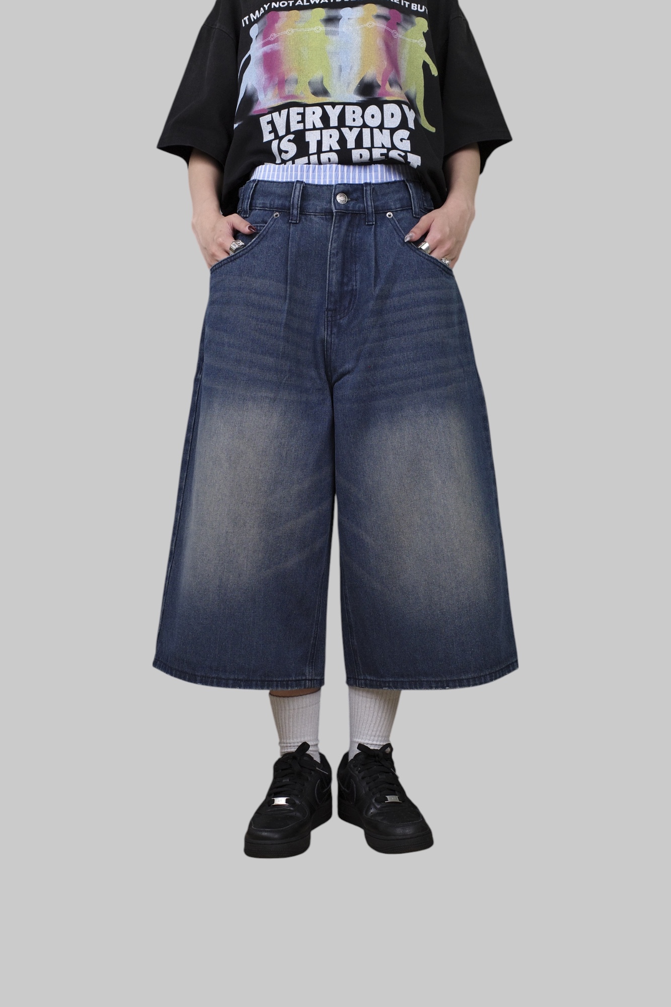 『Always_Good』假兩件 露褲頭 牛仔 七分 短褲