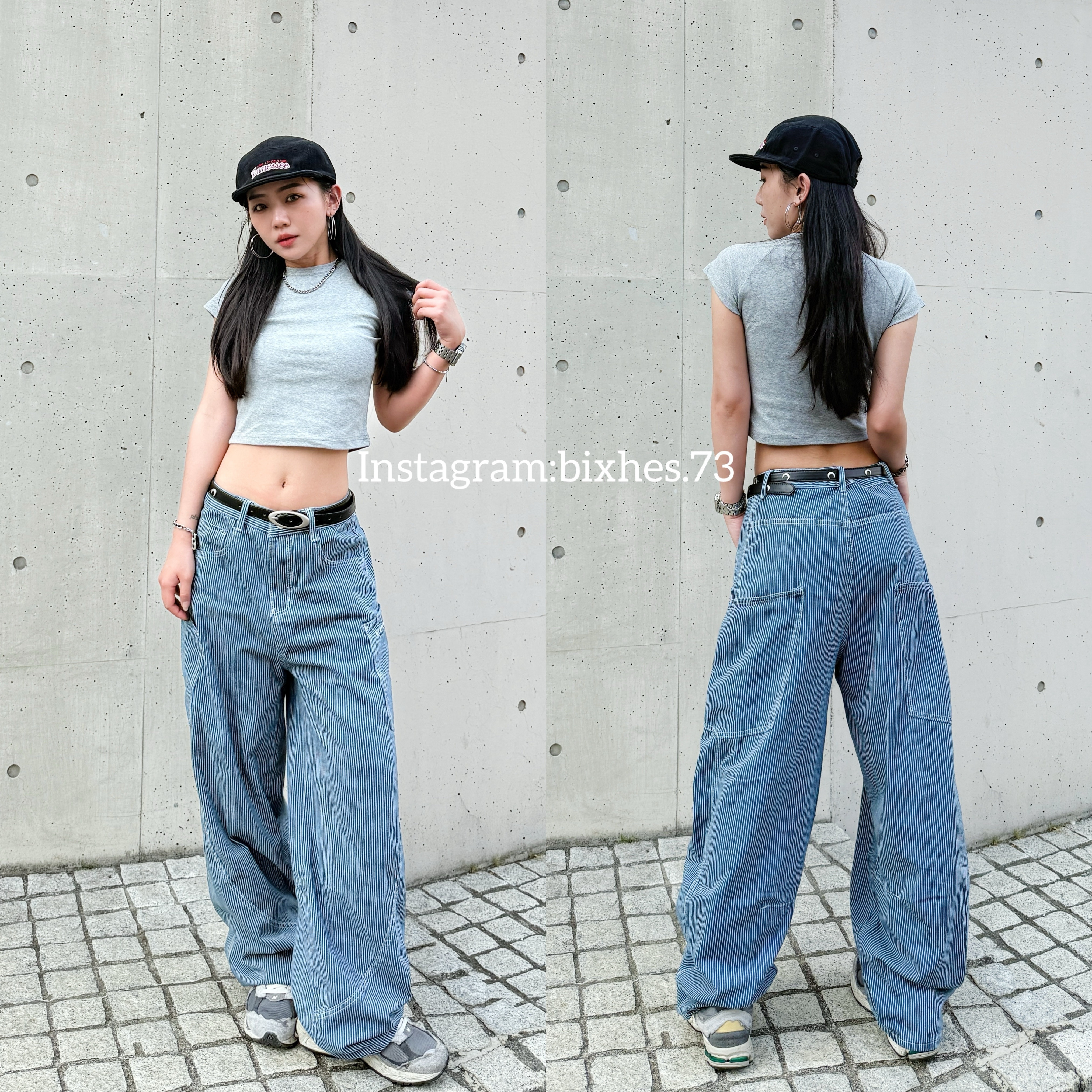 復古藍白條紋彎刀褲(E00129)