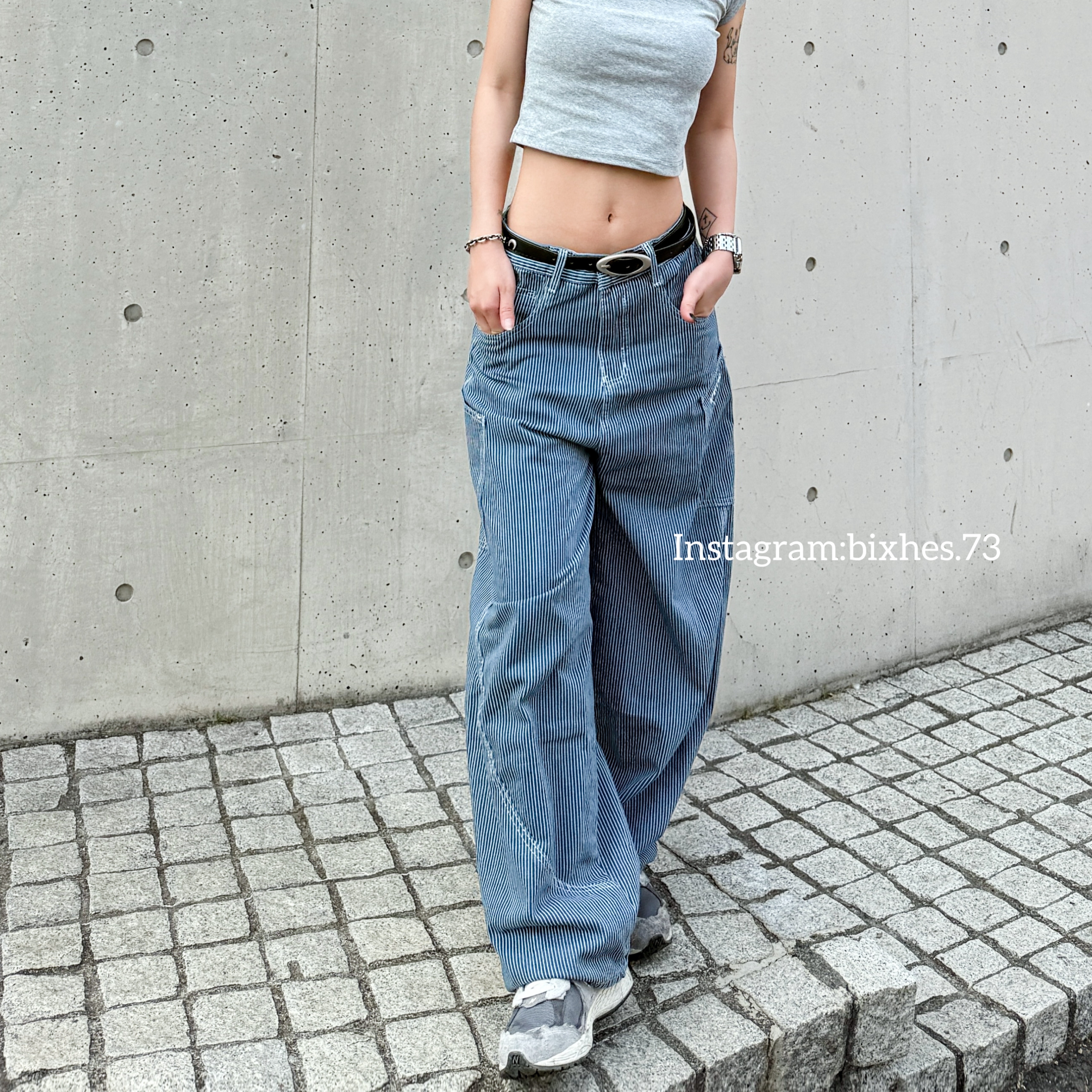 復古藍白條紋彎刀褲(E00129)