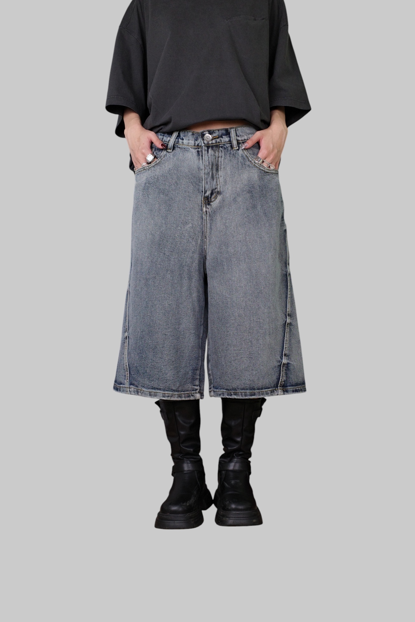 『Always_Good』爆裂紋 做舊 牛仔 七分短褲