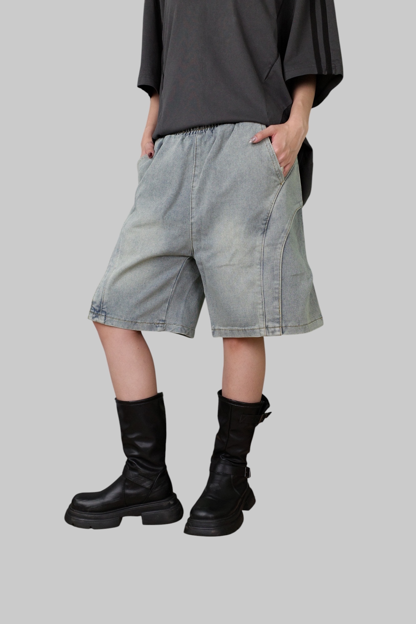 『Always_Good』拼接 分割 水洗 牛仔 短褲