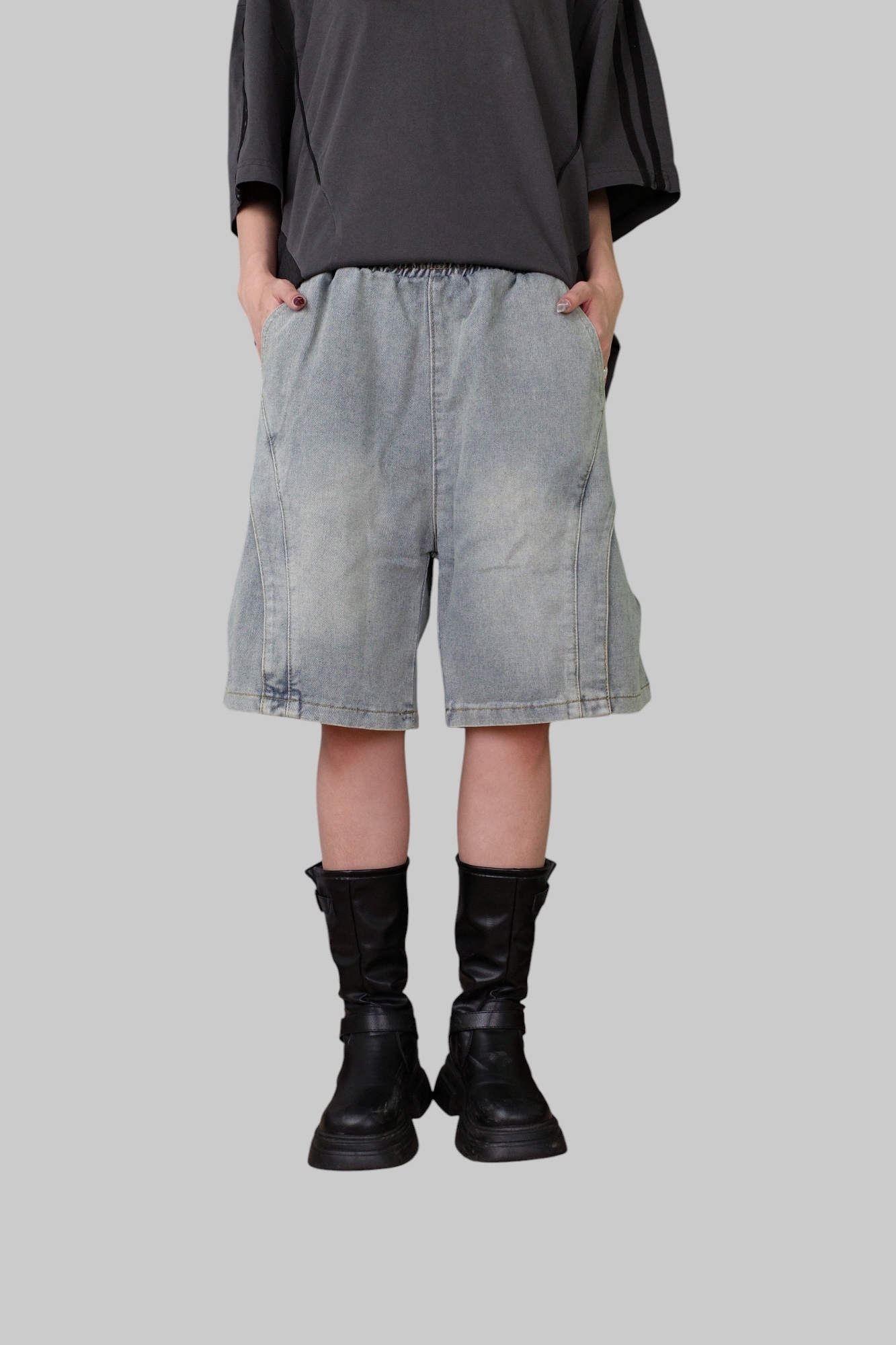 『Always_Good』拼接 分割 水洗 牛仔 短褲