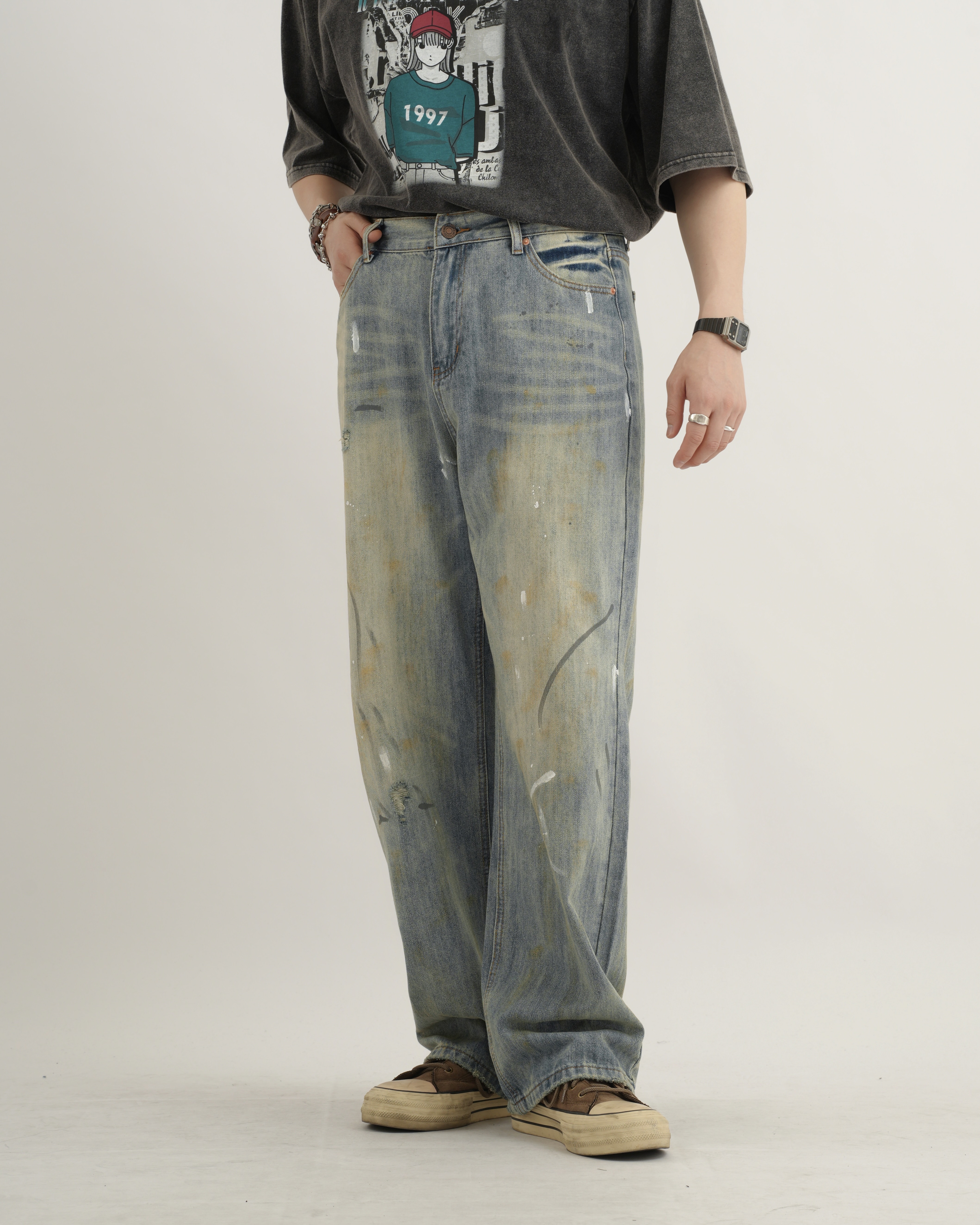 MO091 日系水洗塗鴉牛仔褲-藍色