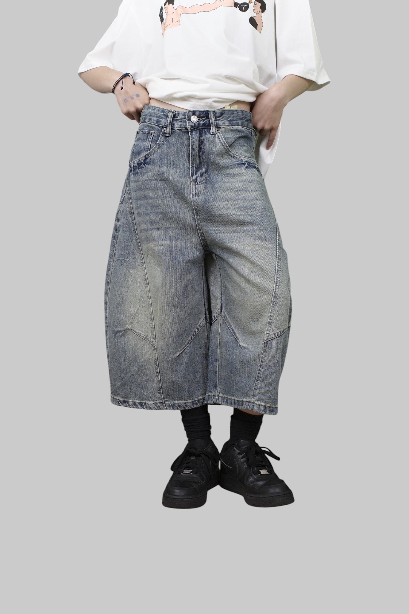 『Always_Good』寬鬆 廓版 水洗 牛仔 彎刀 七分 短褲