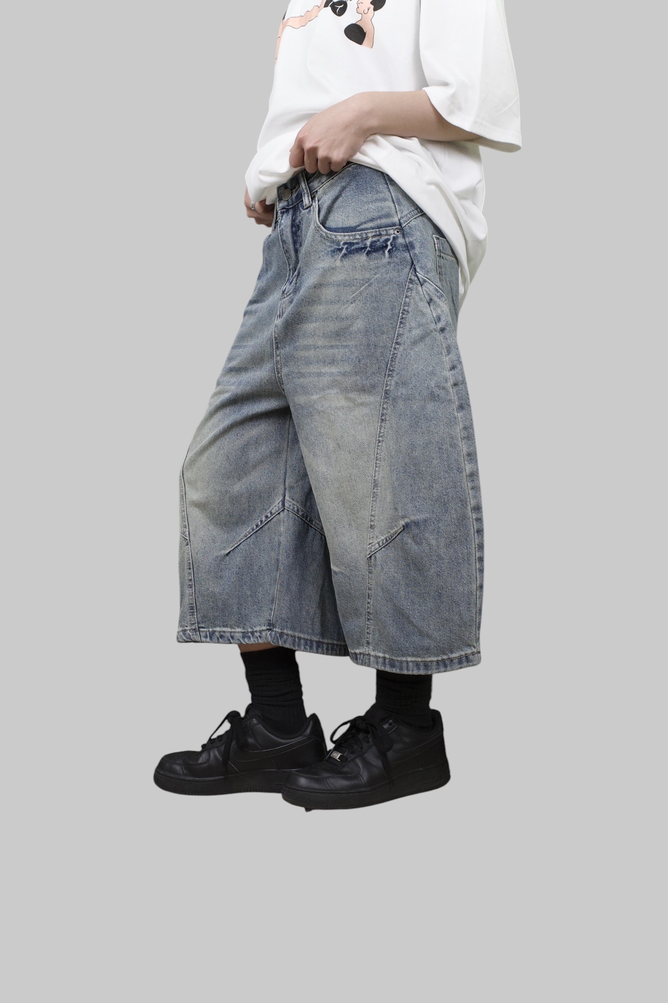 『Always_Good』寬鬆 廓版 水洗 牛仔 彎刀 七分 短褲