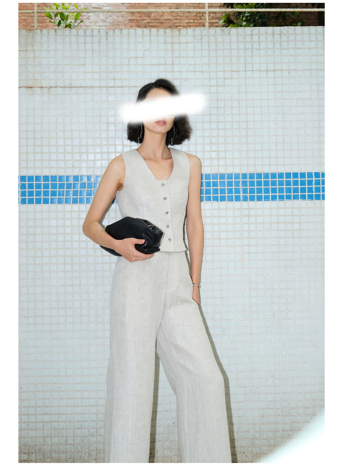 夏天的時髦 亞麻背心+高腰褲(2件組)