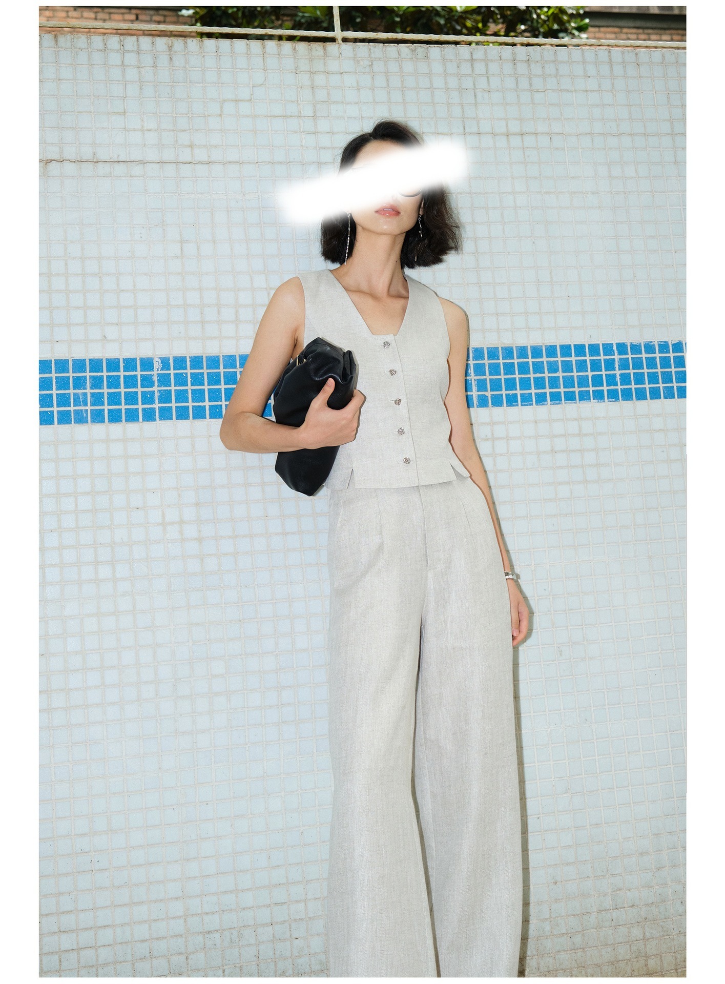 夏天的時髦 亞麻背心+高腰褲(2件組)