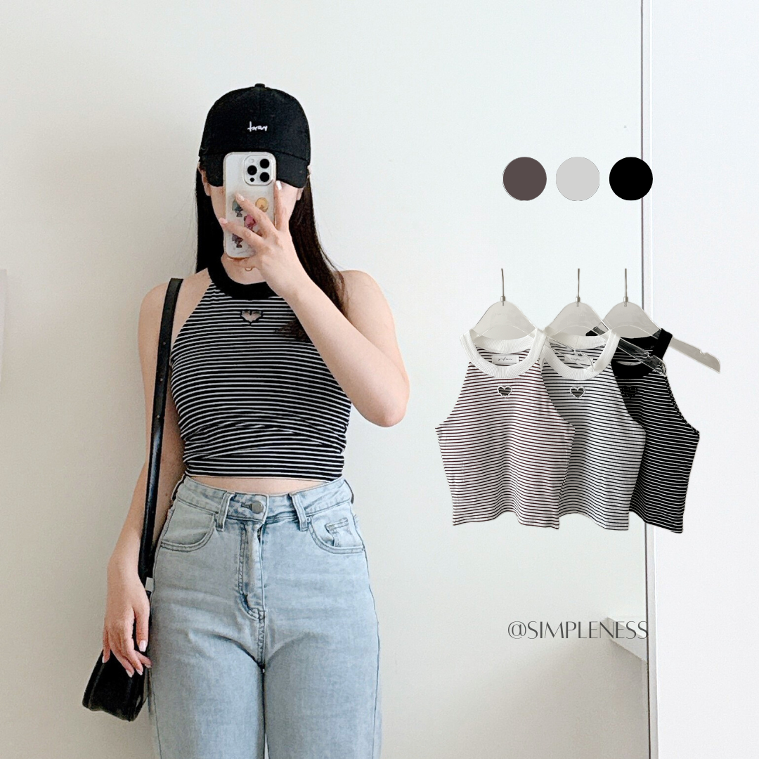 現貨🚚小辣妹愛心挖空條紋削肩bra top💕共3色