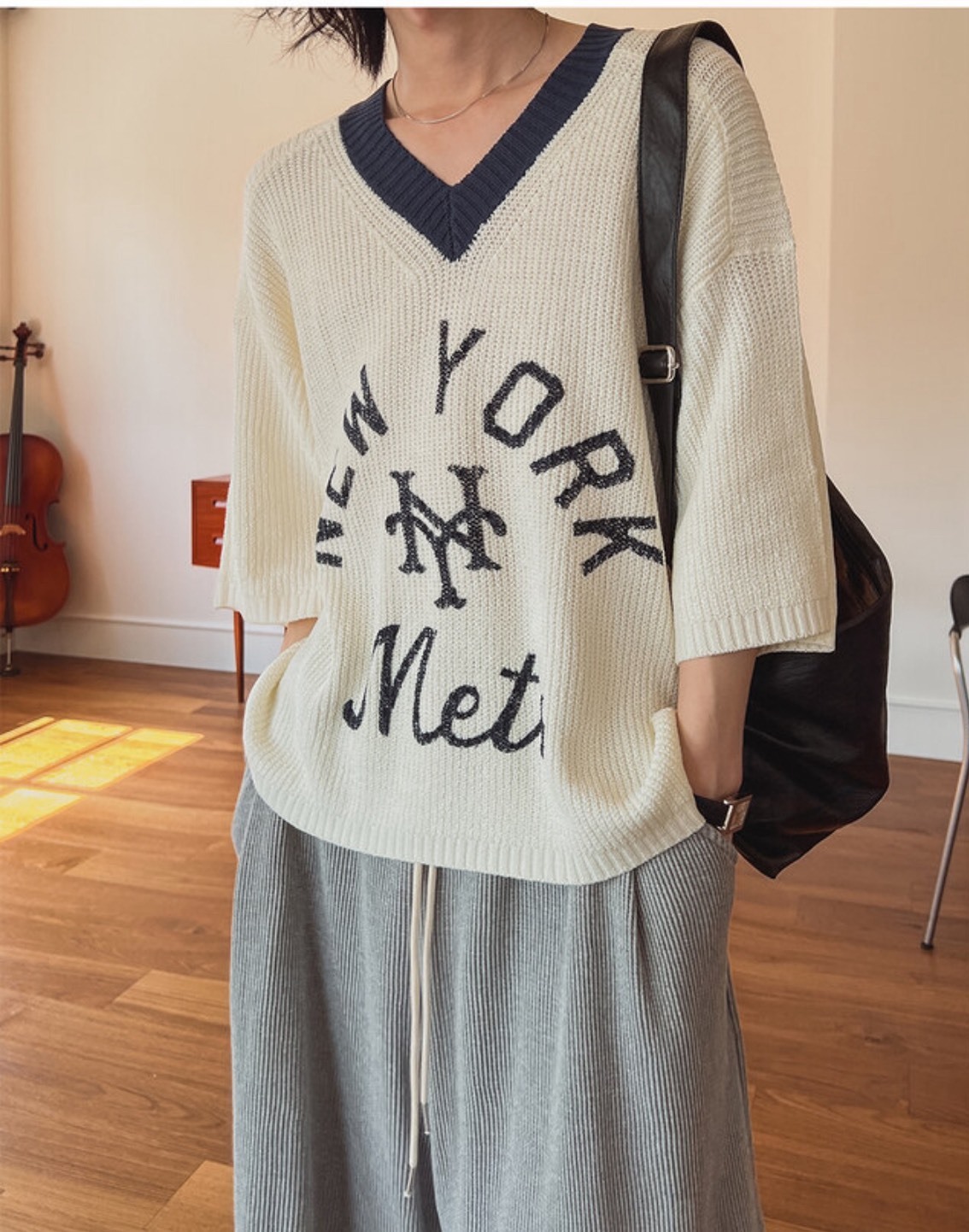 NY  V領七分袖針織上衣