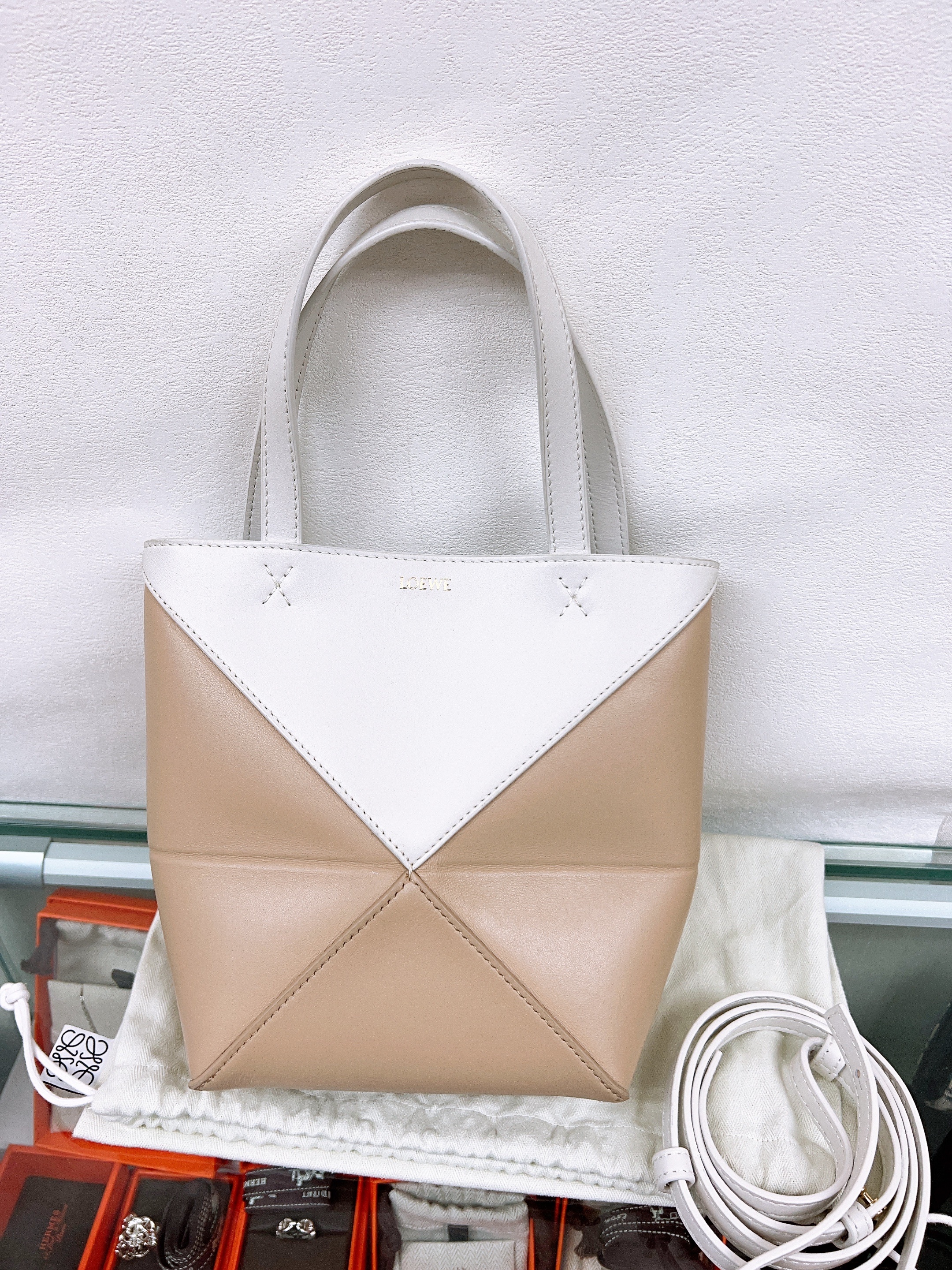 Loewe puzzle fold tote mini (white/beige)